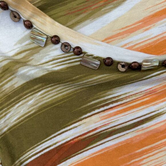 Beaded Casual Stripes Gathered Side Multicolor Pink Orange White Top Size Large - Picture 4 of 6
